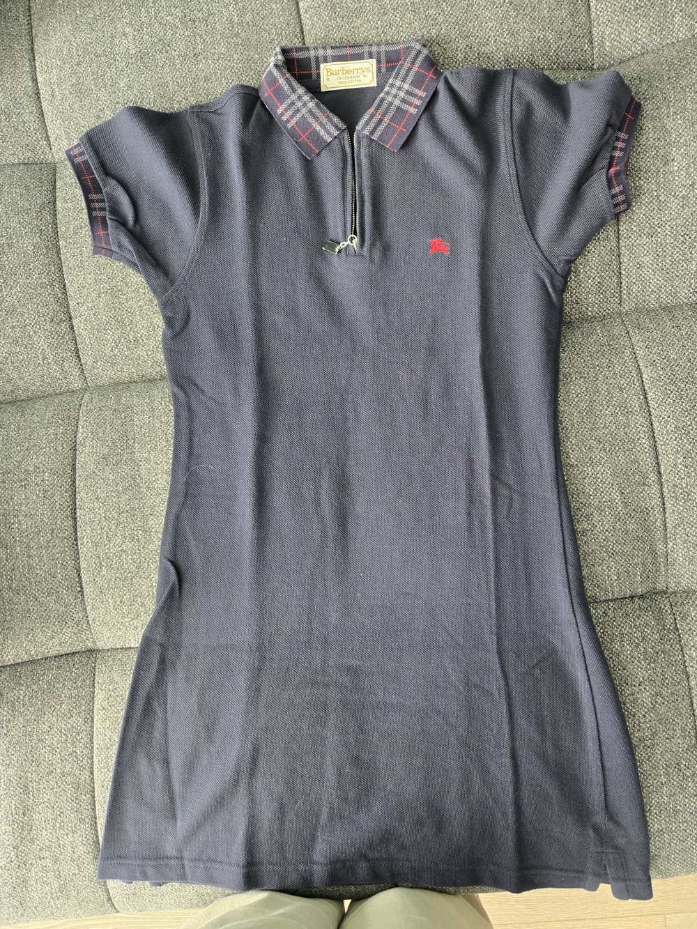 Burberry Navy Polo with Red and Gray Check Collar